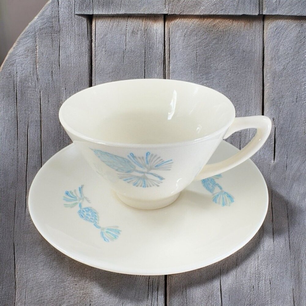 Marcrest Blue Spruce Blue Pinecone Coffee‎ Cup and Saucer Mid Century Porcelain